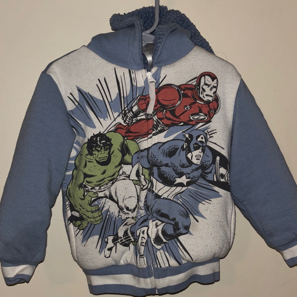 Marvel Avengers Boys Blue Gray Sherpa Lined Hooded Puffer Jacket Kids 4T
